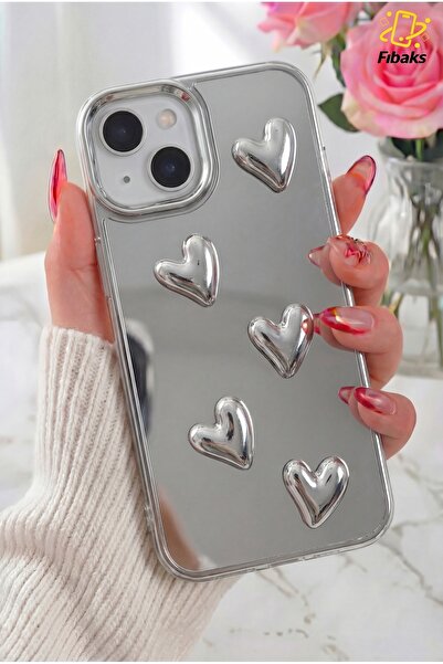 Fibaks iPhone 13/14/15 Case Mirrored Silver 3D Heart Pattern Shock Absorbing ...