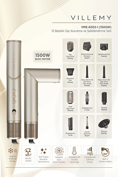 VILLEMY 12-in-1 Multi-Head Hair Dryer and Styling Set – 1500W Bldc Motor -Vme...