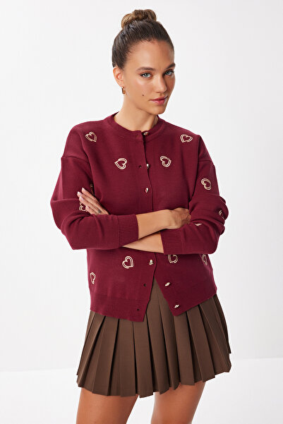 Happiness İstanbul Kalp Nakışlı Şık Düğmeli Triko Hırka