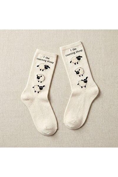 Katia&Bony Γυναικείες κάλτσες με στάμπα αρνιού εκρού