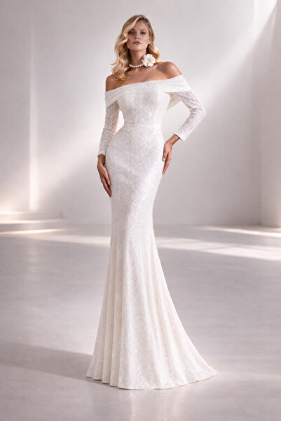 BETTY & SAM CLAIRE Glitzerndes weißes Off-Shoulder-Brautkleid mit Pailletten