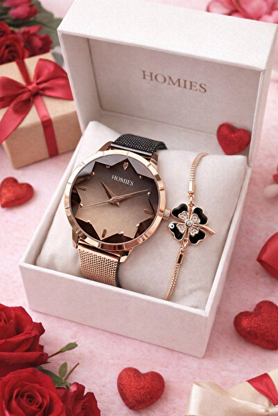 Homies Kadın Kol Saati ve Bileklik-Rose Gold ve Siyah Şık Tasarım Sevgililer ...