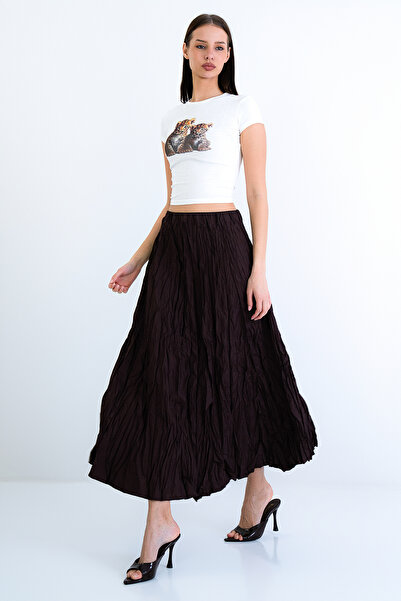 Trend Alaçatı Stili Women's Brown Soft Crush Textured Midi Skirt Alc-X15225