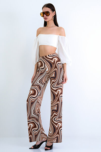 Trend Alaçatı Stili Women's Brown High Waist Digital Printed Palazzo Trousers...