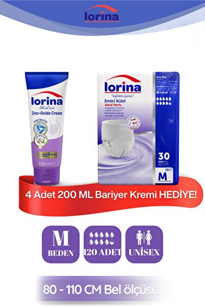 LORİNA Emici Külot Hasta Bezi Medium 120 Adet - 200 ML Bariyer Kremi Hediyeli
