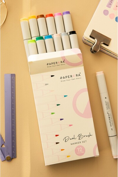 PAPERORA 12-Piece Double-Ended Alcohol-Based Marker Pen Set – Brush + Chisel