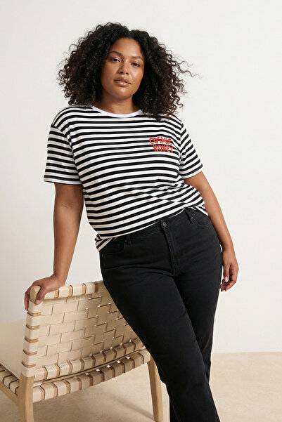 Trendyol Curve Red Striped Thick Cotton Slogan Embroidery Detailed Knitted Ov...