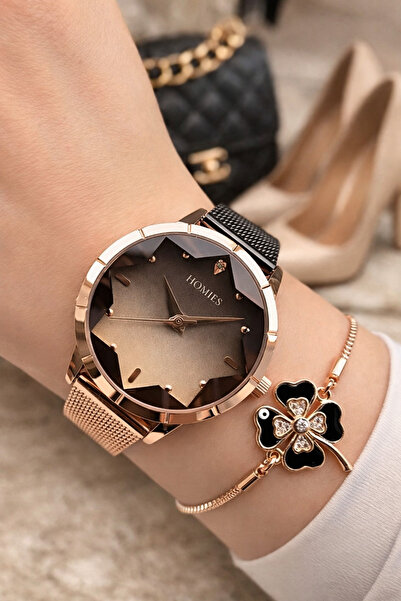 Homies Kadın Kol Saati ve Bileklik-Rose Gold ve Siyah Şık Tasarım Sevgililer ...