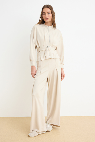 Trendyol Collection Stone Regular Zippered Belted Wide Leg Soft Touch Knitted...