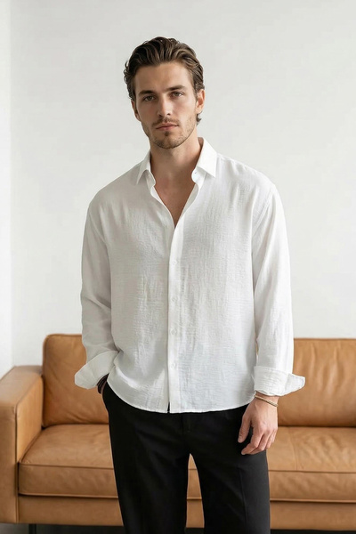 ترينديول كوليكشن قميص رجالي أبيض كتان ذو ملمس بارز بأكمام طويلة ومقاس كبير جز...