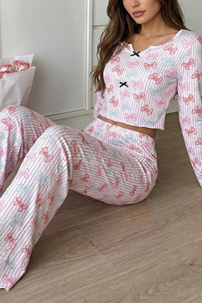 Trendyol Collection Multicolor Cotton Striped and Bow Ribbon Knitted Pajama S...