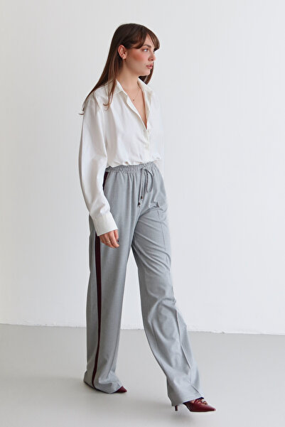 Trendyol Collection Sive bordo prugaste široke tkane pantalone sa elastičnim ...