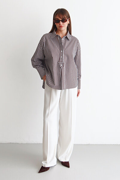 Trendyol Collection Dark Brown-Ecru Striped Half-Button Oversized Woven Blous...