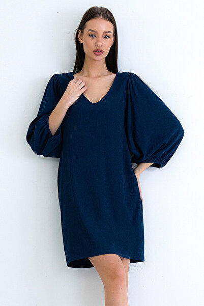 Trend Alaçatı Stili Women's Navy Blue V-Neck Princess Sleeve Wrap Mini Dress ...