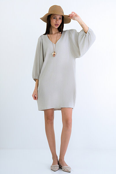 Trend Alaçatı Stili Women's Beige V-Neck Princess Sleeve Wrap Mini Dress Alc-...