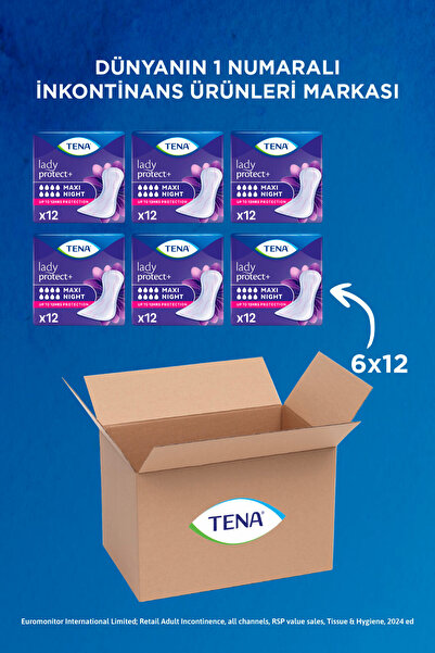 TENA Lady Protect+ Maxi Night Mesane Pedi 8 Damla - 12'li 6 Paket (72 Adet)