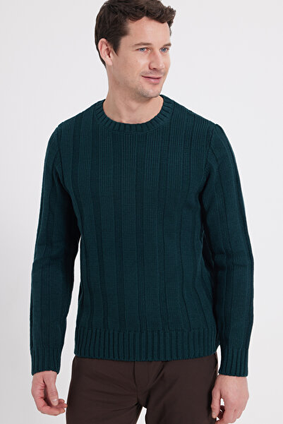Tudors Men's Standard Fit Regular Cut Crew Neck Patterned Green Sweater