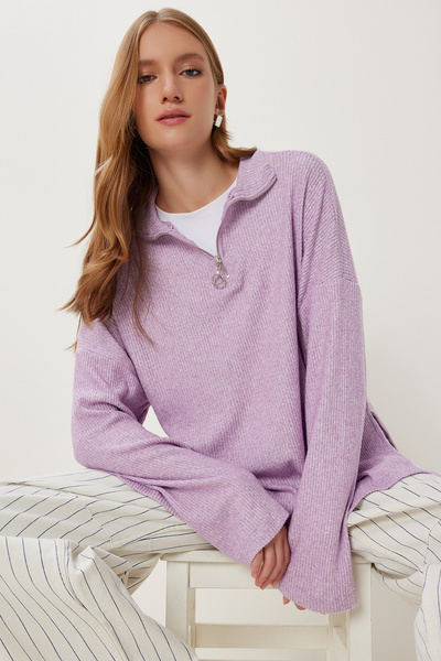 Happiness İstanbul Lilafarbener, gerippter, weicher Damenpullover mit Reißver...