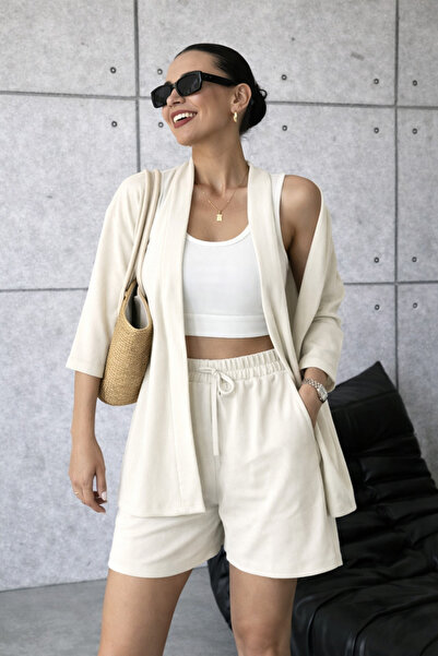 Trendyol Collection Ecru Oversize Low Sleeve Three-Quarter Textured Knitted T...