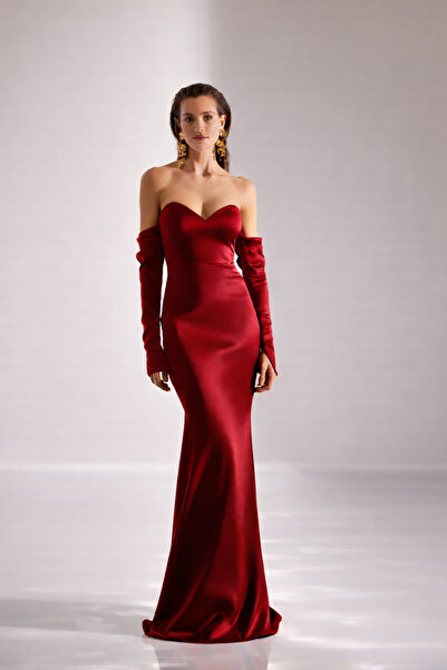 BETTY & SAM Rineta Saten Balık Etek Straplez Abiye Kırmızı Elbise