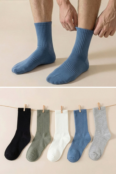 Trendyol Collection Черно-сиво-бяло-тъмно синьо-маслинено унисекс 5-пакет пам...