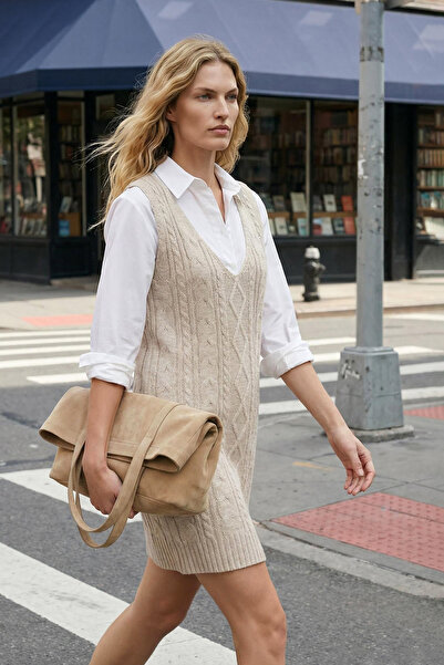 Trendyol Collection Stone Mini Hair Braided Knitwear Gilet Dress TWOAW24EL00097