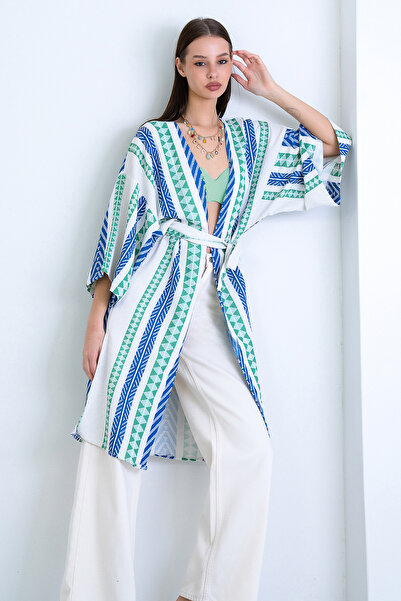 Trend Alaçatı Stili Kimono de in cu curea și model geometric verde-saks pentr...