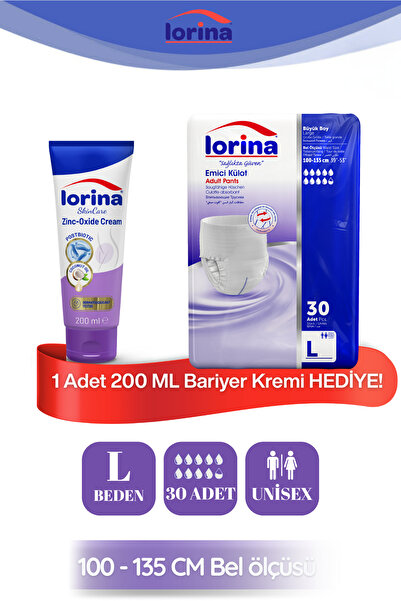 LORİNA Emici Külot Hasta Bezi Large 30 Adet - 200 ML Bariyer Kremi Hediyeli