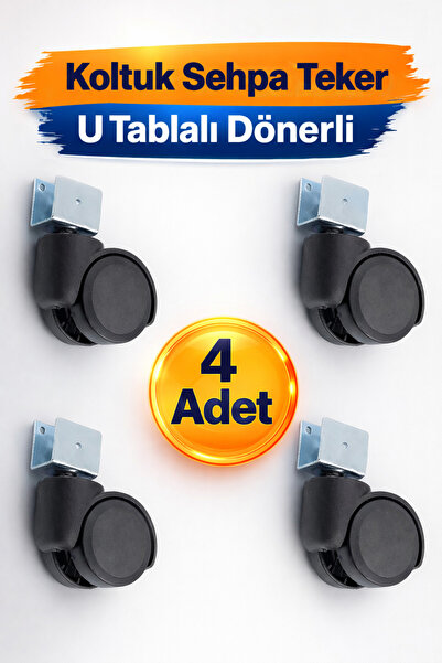 Badem10 Koltuk Tekeri 4’lü Set Kısa U Tablalı Dönerli Siyah Metal Gövde Dayan...