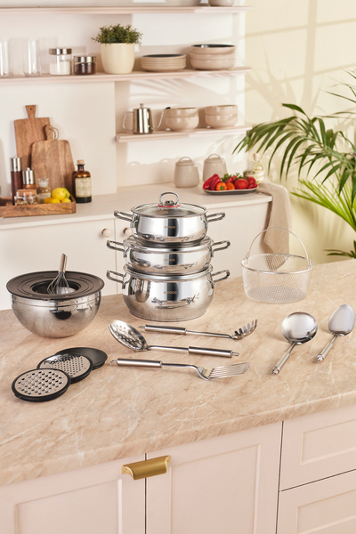Karaca Mix, Cook, Store 18-Piece Steel Cookware Set with Serving Utensils