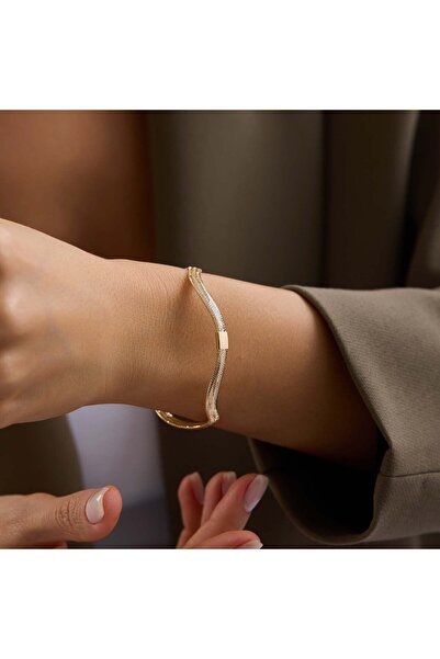 Bayar Gold 14 Ayar Altın İtalyan Simli Zikzak Esnek Bilezik 5 mm