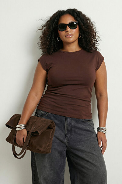 Trendyol Curve Brown Viscose Ribbed Flexible Comfortable Basic Knitted Plus S...