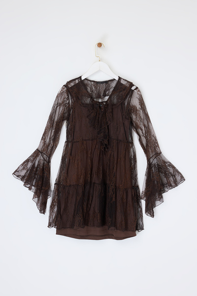 Drop by TrendyolMilla Brown Lace Detailed Satin Short Midi Dress Tdrss26El00002