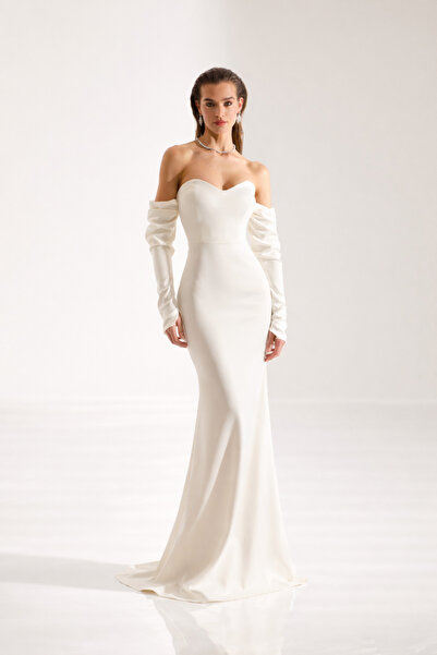 BETTY & SAM Rineta Saten Balık Etek Straplez Abiye Beyaz Elbise