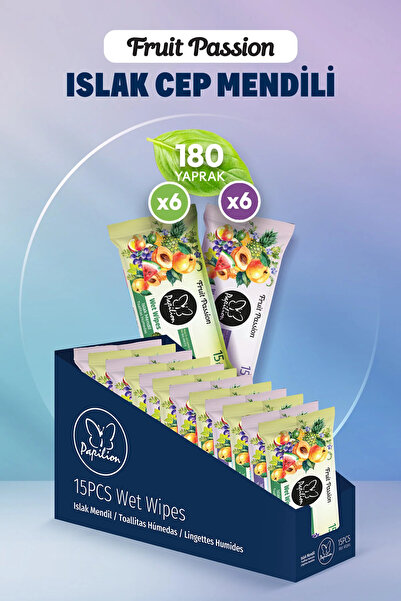 Papilion Meyve Tutkusu Islak Cep Mendil 15’li x12 Paket 180 Yaprak Alkolsüz F...