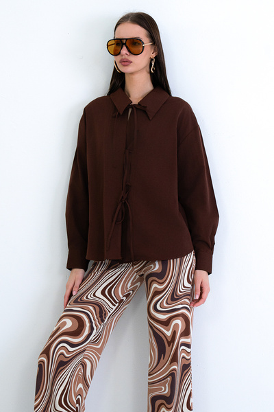 Trend Alaçatı Stili Women's Brown Shirt with Collar and Tie Front Detail Popl...