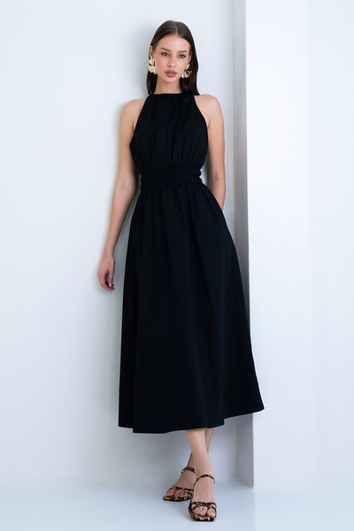 Trend Alaçatı Stili فستان صيفي نسائي أسود طويل بياقة وخصر مطاطي ومبطن من الدا...
