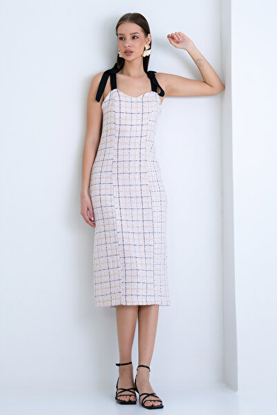 Trend Alaçatı Stili Women's Powder Lined Strap Zippered Tweed Midi Dress Alc-...