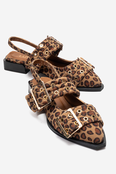 LuviShoes Paloma Siyah Sarı Desenli Altın Tokalı Kadın Sandalet