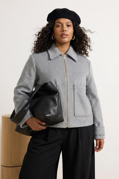 Trendyol Collection Gray Oversize Large Size Pocket Detailed Cashmere Short C...