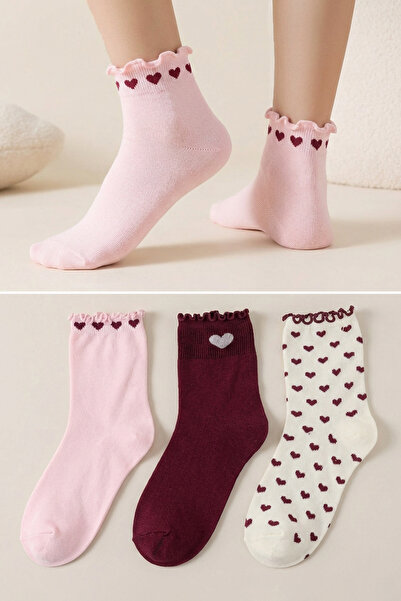 Trendyol Collection Burgunderrot-Mehrfarbige 3-teilige Herz-Jacquard-Strickso...