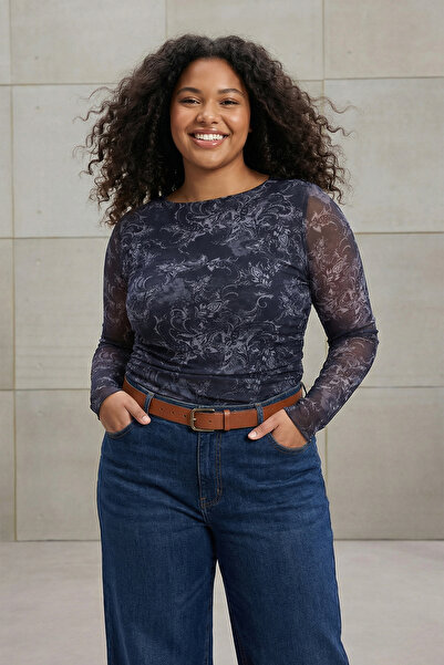 Trendyol Curve Bluză pentru adolescenți, albastră, cu model, cu gât barcă, as...