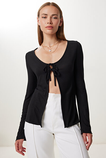 Happiness İstanbul Women's Black Tie Detail Viscose Blouse Ub00436