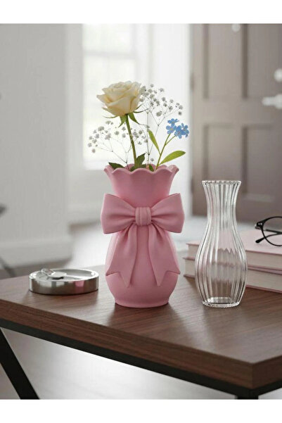 MİR STORE Fiyonklu Dekoratif Vazo – Pudra Pembe