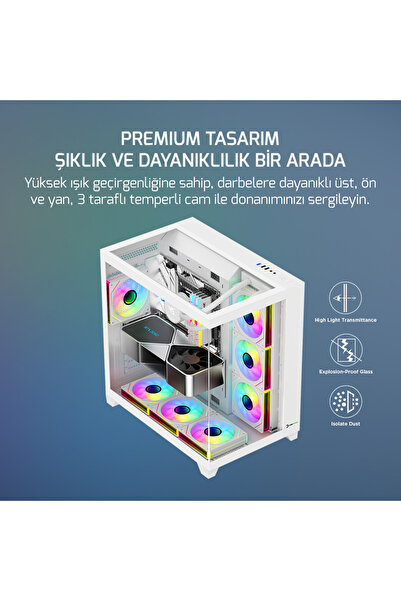 GamePower Warcry TopGlass 650W 4xARGB Temperli Cam ATX Beyaz Gaming (Oyuncu) Kasa