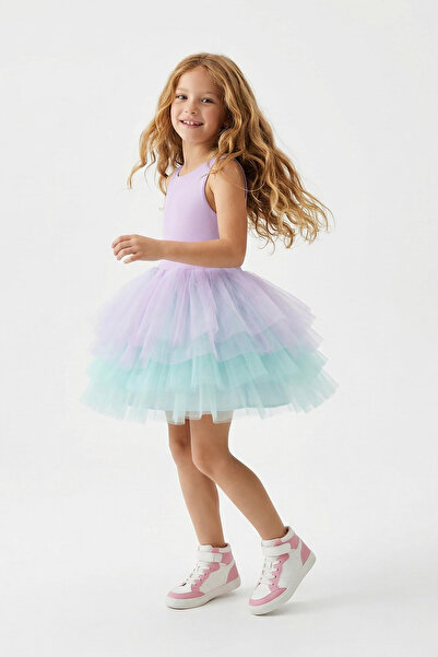 TRENDYOLKIDS Festliches Mädchenkleid aus lila Tüll, kurz/mini, einfarbig gewe...