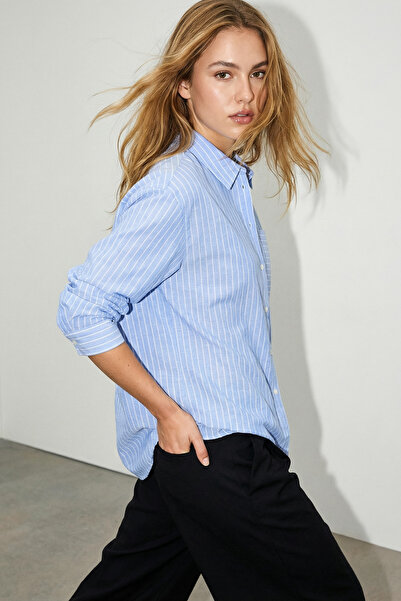 Drop by TrendyolMilla Plava uska Prugasto plamena Pamuk majica TDRSS26GO00005