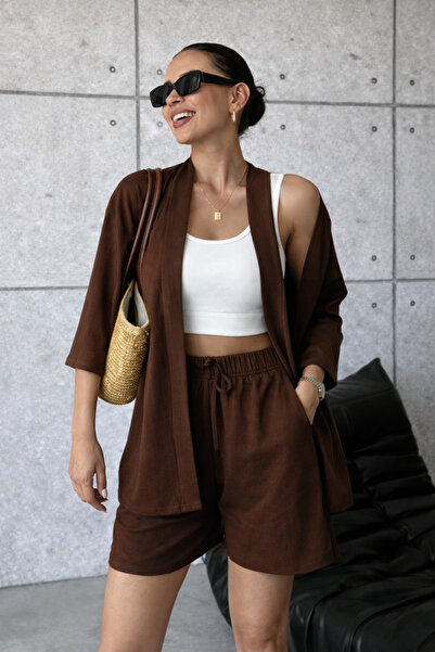 Trendyol Collection Brown Oversize Low Sleeve Three-Quarter Textured Knitted ...