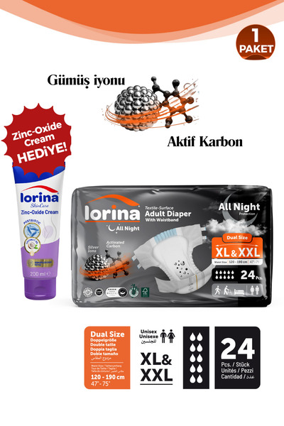 LORİNA Aktif Karbon & Gümüş iyon destekli Bel Bantlı Hasta Bezi XL - XXL 24’l...