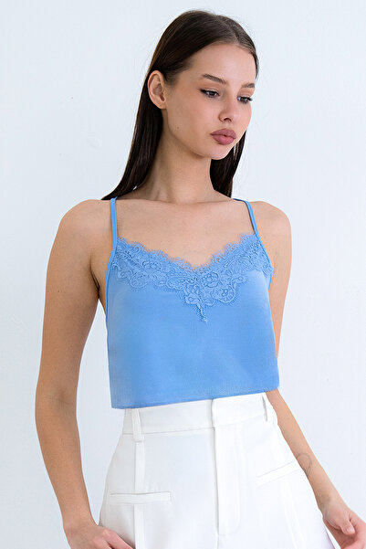 Trend Alaçatı Stili Women's Blue Rope Strap Woven Blouse with Lace Detail on ...